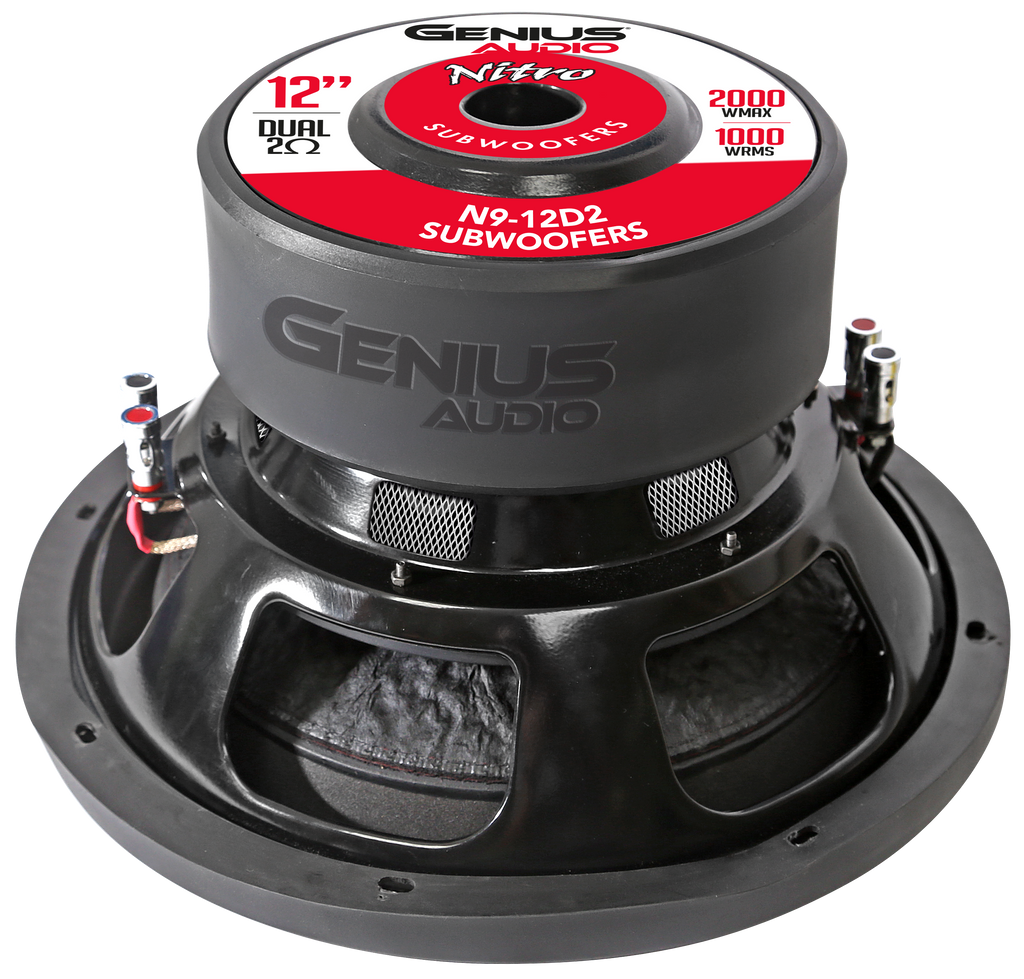 SUBWOOFER DE 12" DE LA SERIE NITRO, 2000 W MÁX. / 1000 W RMS, DOBLE BOBINA, BOBINA DE VOZ DE 2 OHMIOS, CABLE DE COBRE REDONDO.